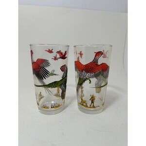 Vintage Hazel Atlas Pheasant Hunting Highball Glasses Set of 2 Mid Century MCM